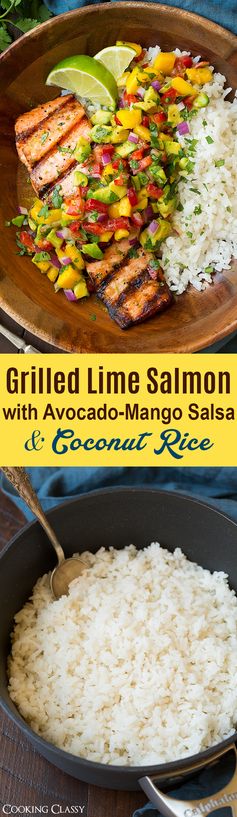 Grilled Lime Salmon with Avocado-Mango Salsa and Coconut Rice