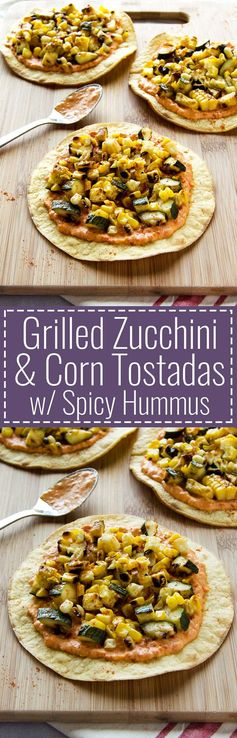 Grilled Zucchini & Corn Tostadas with Spicy Hummus