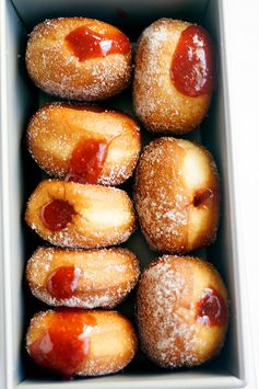 Homemade strawberry rhubarb jelly doughnuts