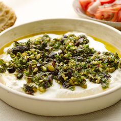 Labneh with olives, pistachios and oregano