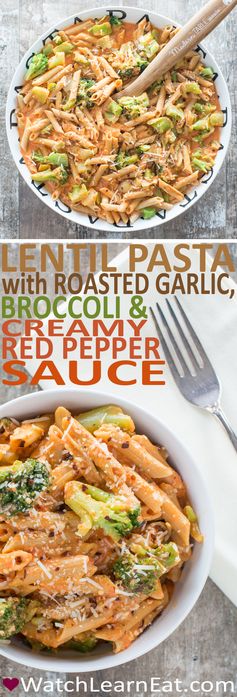 Lentil Pasta with Roasted Garlic, Broccoli and Creamy Red Pepper Sauce [GF]