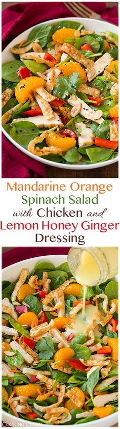 Mandarine Orange Spinach Salad with Chicken and Lemon Honey Ginger Dressing