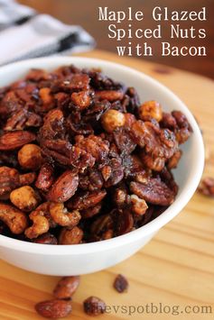 Maple glazed spiced nuts with Bacon bits - an elevated twist on a standard snack