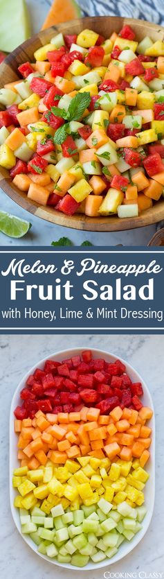 Melon Fruit Salad with Honey, Lime and Mint Dressing