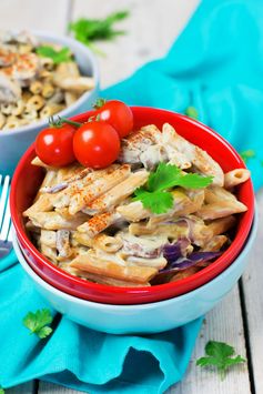 Mushroom Pasta with Avocado and Tahini Sauce