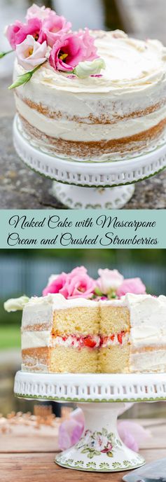 Naked Cake with Mascarpone Cream and Crushed Strawberries