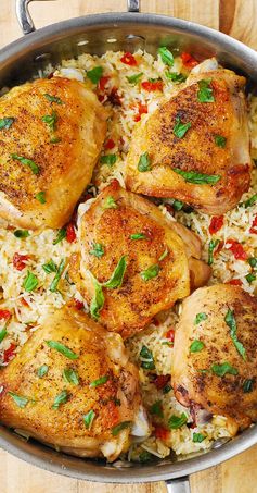 One-Pan Chicken Thighs with Sun-Dried Tomato Basil Rice