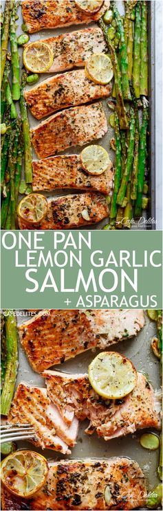 One Pan Lemon Garlic Baked Salmon + Asparagus