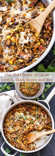 One Pot Cheesy Mexican Lentils, Black Beans and Rice