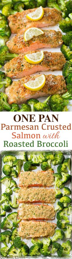 One Sheet Pan Parmesan Crusted Salmon with Roasted Broccoli