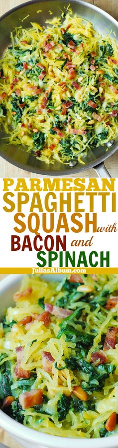 Parmesan Spaghetti Squash, Spinach, and Bacon with Pine Nuts