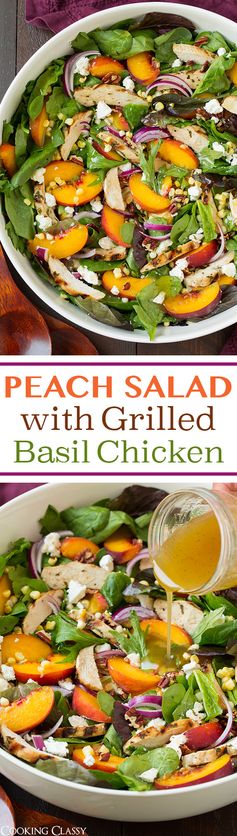 Peach Salad with Grilled Basil Chicken and White Balsamic-Honey Vinaigrette