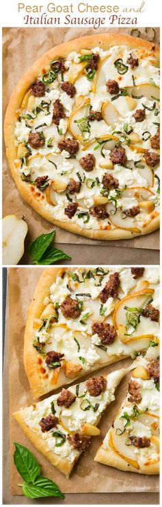 Pear Goat Cheese and Italian Sausage Pizza with Roasted Garlic and Fresh Basil