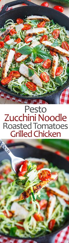 Pesto Zucchini Noodles with Roasted Tomatoes and Grilled Chicken