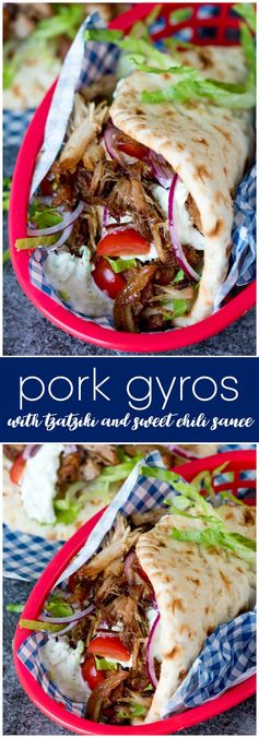 Pork Gyros with Tzatziki and Sweet Chili Sauce