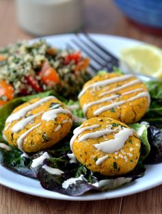 Raw Carrot Falafel, Hemp-Seed Tabouli with Yellow Tomatoes and Mint