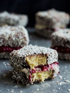 Raw vegan lamingtons with cashew cream and raspberry jam