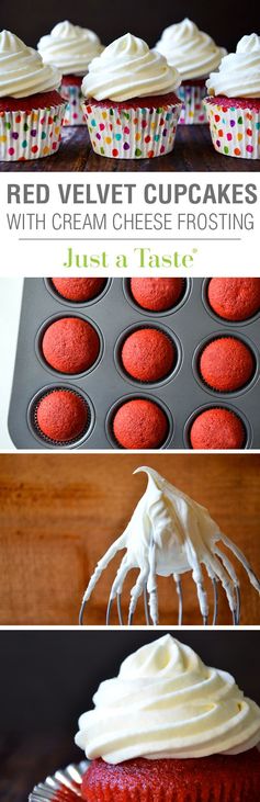 Red Velvet Cupcakes with Piped Cream Cheese Frosting