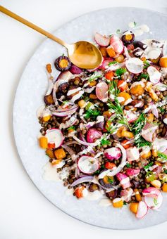 Roasted Carrot Lentil Salad with Radishes and Tahini Dressing