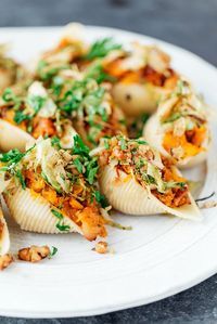 Roasted Squash Conchiglie with Chipotle, Brussels Sprouts and Walnuts