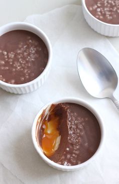 Salted chocolate pots with caramel sauce / fudge sauce