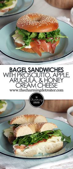 Sesame Bagel Sandwiches with Prosciutto, Arugula, Apple and Honey Cream Cheese