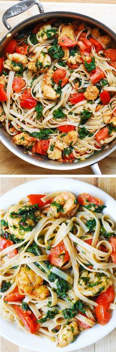 Shrimp, tomato, and spinach pasta in garlic butter sauce