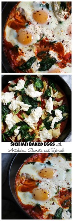 Sicilian Baked Eggs with Artichokes, Burrata, Spinach, and Spicy Tomato Sauce