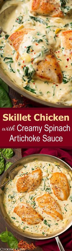 Skillet Chicken with Creamy Spinach Artichoke Sauce