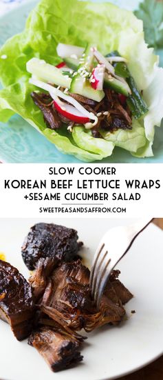 Slow Cooker Korean Beef Lettuce Wraps with a Sesame-Cucumber Salad