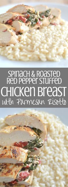 Spinach and Roasted Red Pepper Stuffed Chicken Breast with Parmesan Risotto