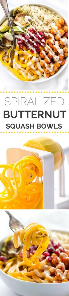 Spiralized Butternut Squash Bowls with Harissa Chickpeas + Quinoa