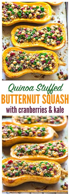 Stuffed Butternut Squash with Quinoa, Kale, Cranberries, and Chickpeas