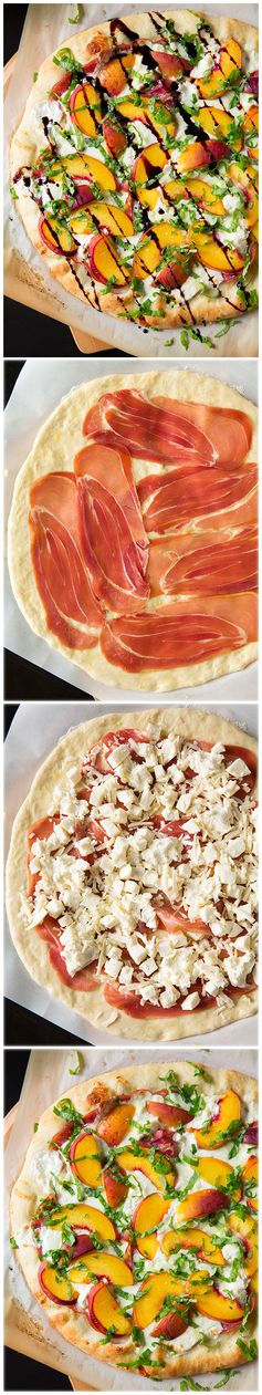 Three Cheese Peach and Prosciutto Pizza with Basil and Honey Balsamic Reduction