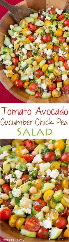 Tomato Avocado Cucumber Chick Pea Salad with Feta and Greek Lemon Dressing