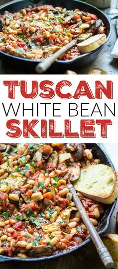 Tuscan White Bean Skillet with Tomatoes, Mushrooms, and Artichokes