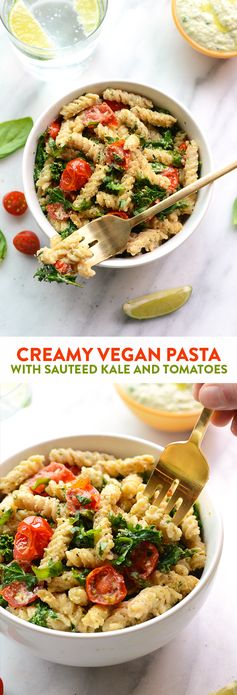 Vegan Cheezy Pasta with Basil, Kale, and Tomatoes