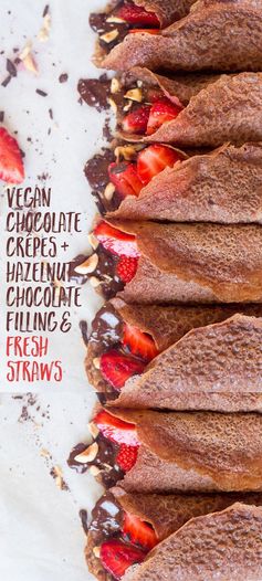 Vegan chocolate crêpes with hazelnut filling and strawberries