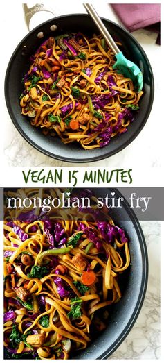 Vegan Mongolian noodles and veggies stir fry in spicy soy ginger sauce