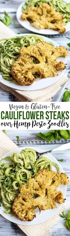 Vegan Parmesan Cauliflower Steaks over Hemp Pesto Zoodles