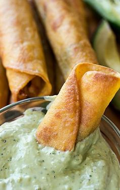 Zesty Chili-Lime Chicken Taquitos with Jack Cheese and Roasted Corn, with Cool Avocado & Jalapeno Ranch Dipping Sauce