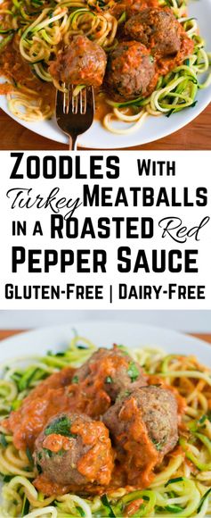 Zoodles with Turkey Meatballs in Roasted Red Pepper Sauce