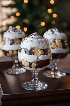 Amaretto Parfaits with Vanilla Pound Cake, Chocolate Ganache Sauce and Amaretto-Spiked Whipped Cream