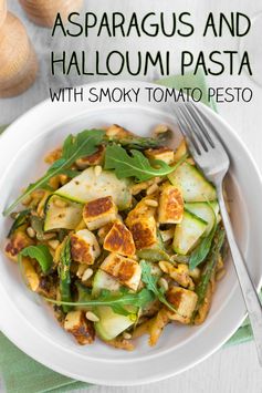 Asparagus and halloumi pasta with smoky tomato pesto