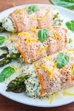 Asparagus and Lemon and Basil Ricotta Stuffed Salmon Rolls with Lemon Sauce