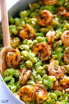 Asparagus-Spinach Pesto Pasta with Blackened Shrimp