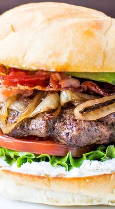 Avocado BLT Burger with Caramelized Balsamic Onions