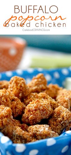 Baked Buffalo Popcorn Chicken with Creamy Honey Buffalo Dip