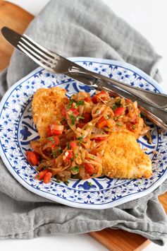 Baked Crispy Chicken with Caramelized Onions & Tomatoes