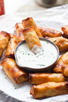 Baked Mini Buffalo Chicken Egg Rolls with Blue Cheese Sauce